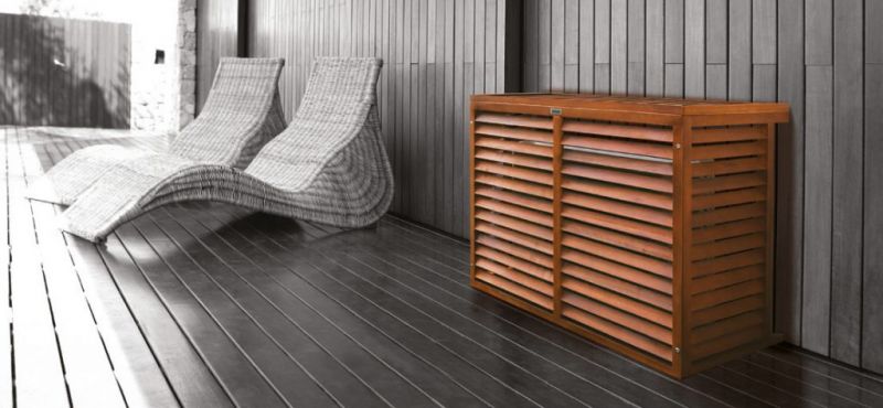 Cache Groupe de climatisation réversible Mitsubishi Electric en bois exotiques à Eyguières 13430